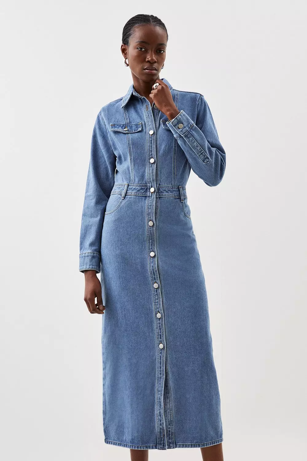 Denim midi store dress with sleeves